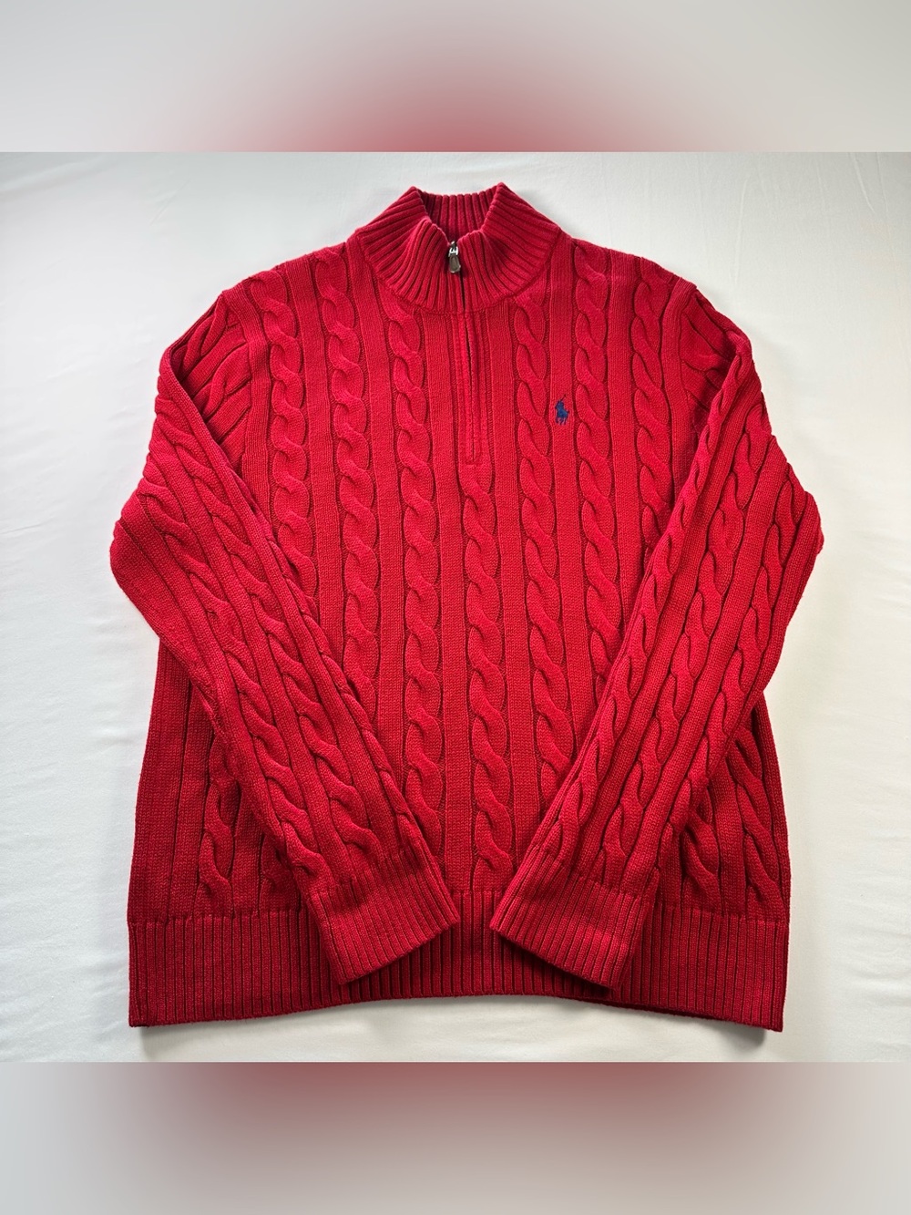 Polo Ralph Lauren Cable Knit 1/4 Zip Sweater Mens L Red Cotton Pony Logo